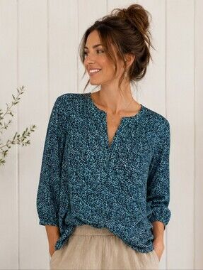 LIZ CLAIBORNE Teal & Black Floral Print Tunic Top | 3/4 Sleeve Split Neck Blouse